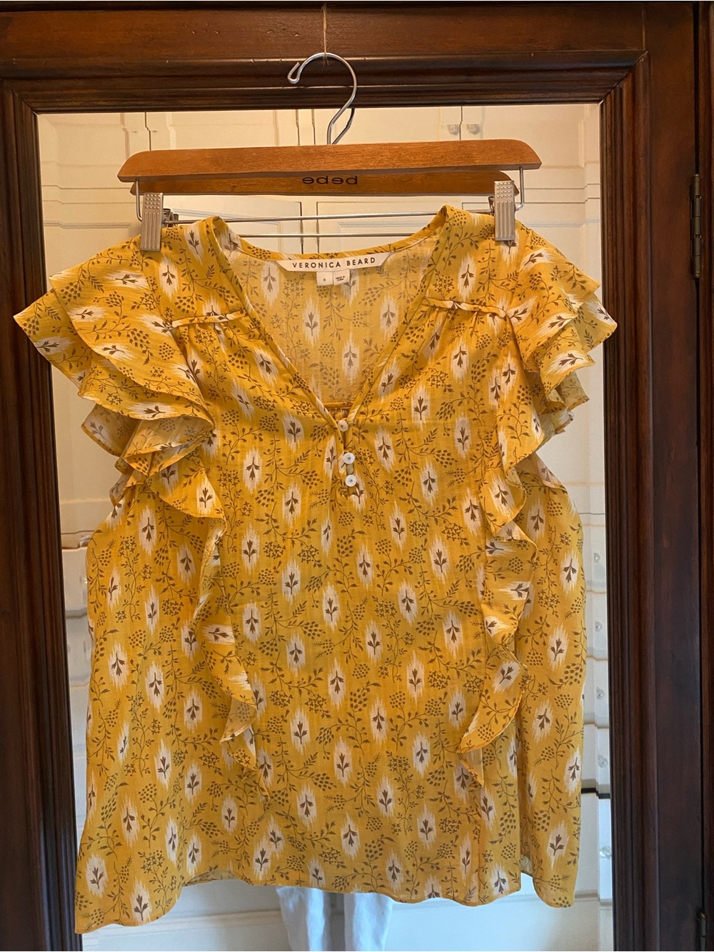Veronica Beard Mustard Floral Ruffle V-Neck Blouse